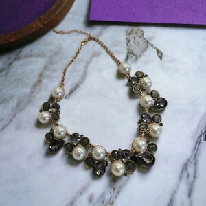 Gemstone Rhinestone Faux Pearl Gold Chain Necklace